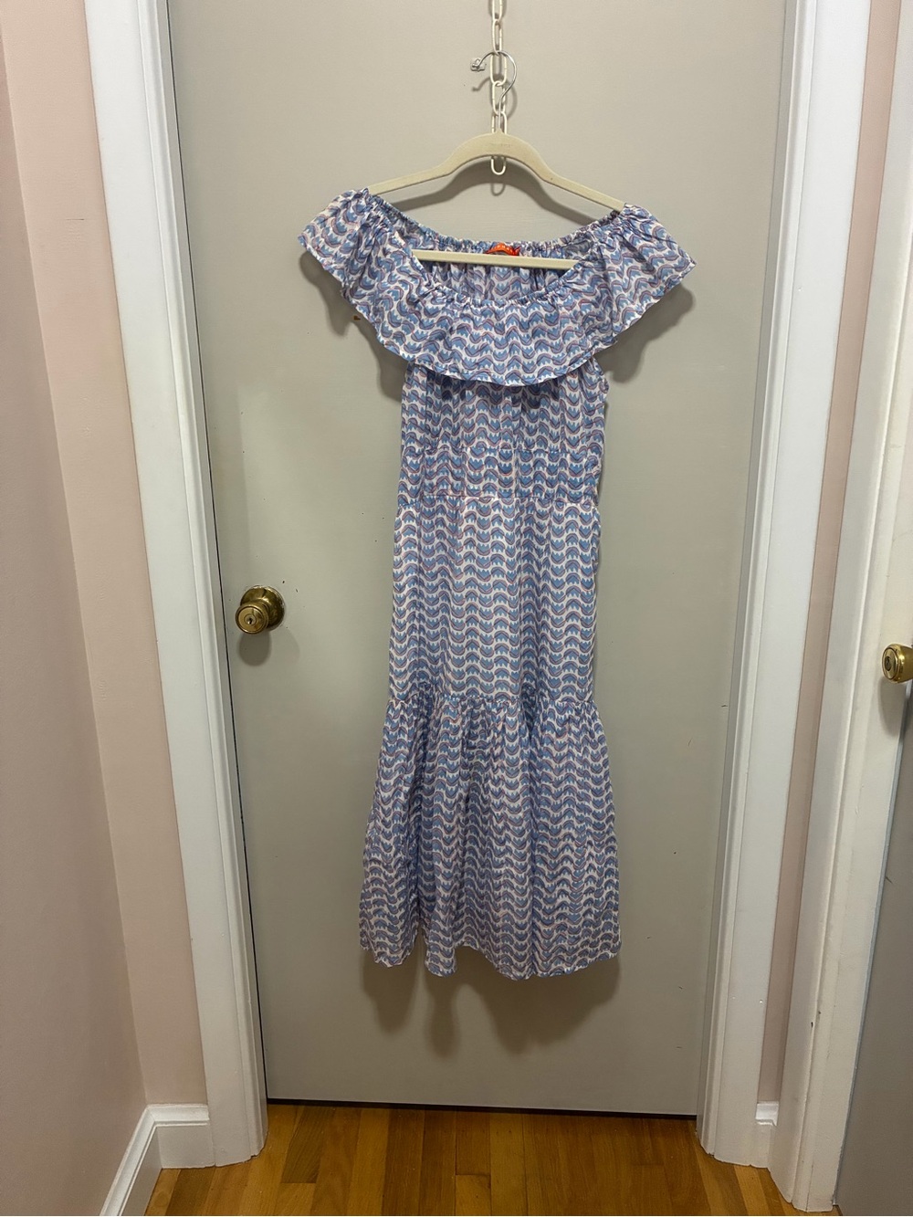 Oliphant Lavender and White Off-Shoulder Maxi Dress